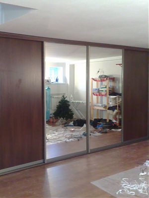 Встроенный шкаф-купе с зеркальными и панельными дверьми в гостиную